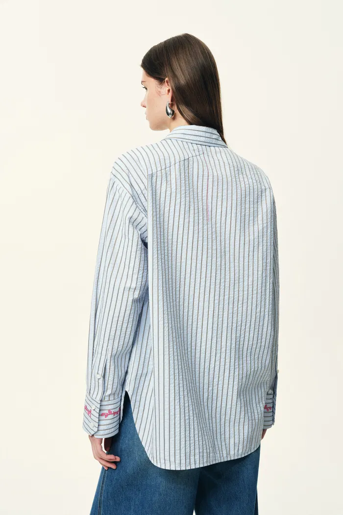 Lismore Contrast Embroidery Striped Shirt in Textured Crinkle Cotton - Image 4