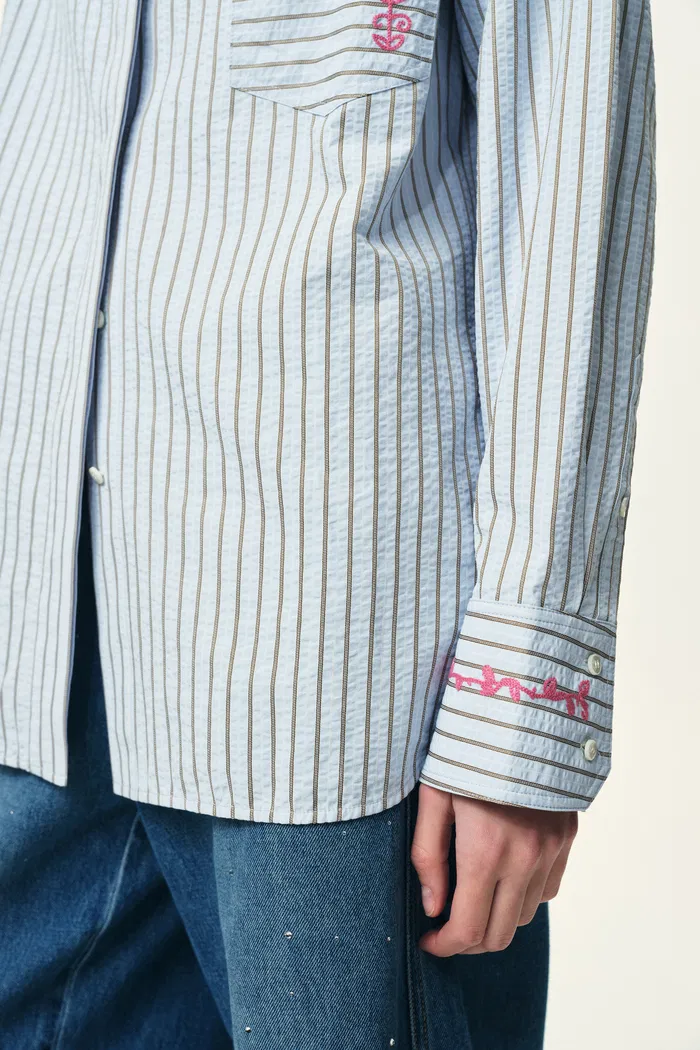 Lismore Contrast Embroidery Striped Shirt in Textured Crinkle Cotton - Image 6