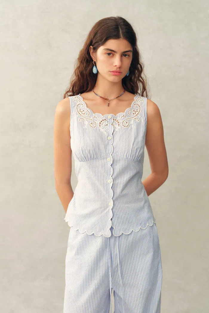 Lone Striped Embroidered Sleeveless Lace Trim Cami Top and Pants Set in Crinkled Cotton - Image 2
