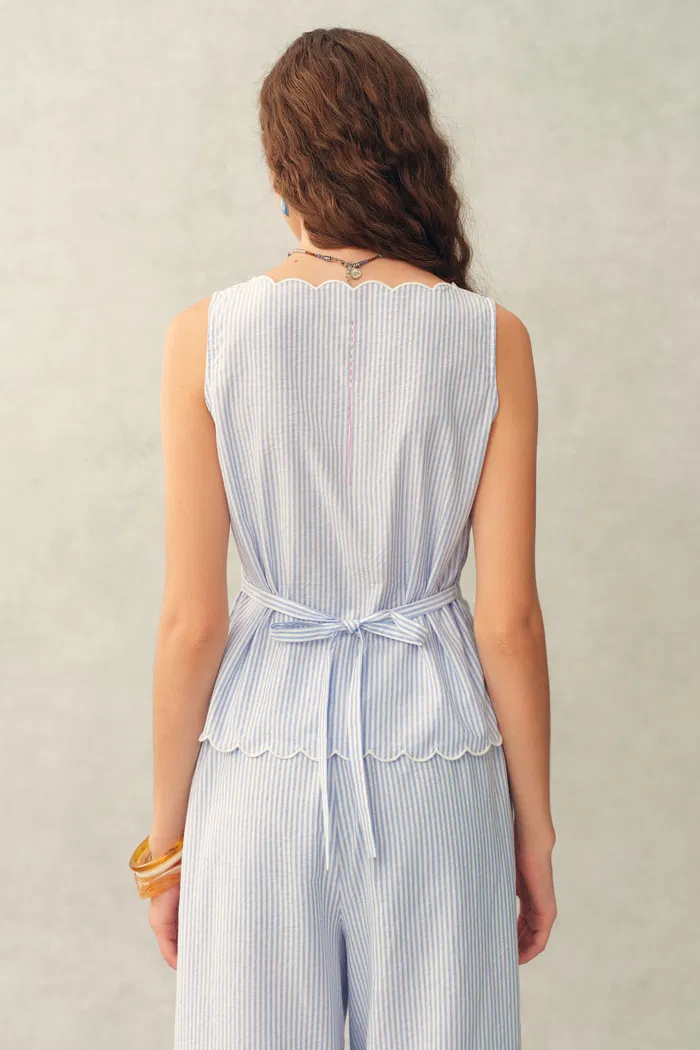 Lone Striped Embroidered Sleeveless Lace Trim Cami Top and Pants Set in Crinkled Cotton - Image 3