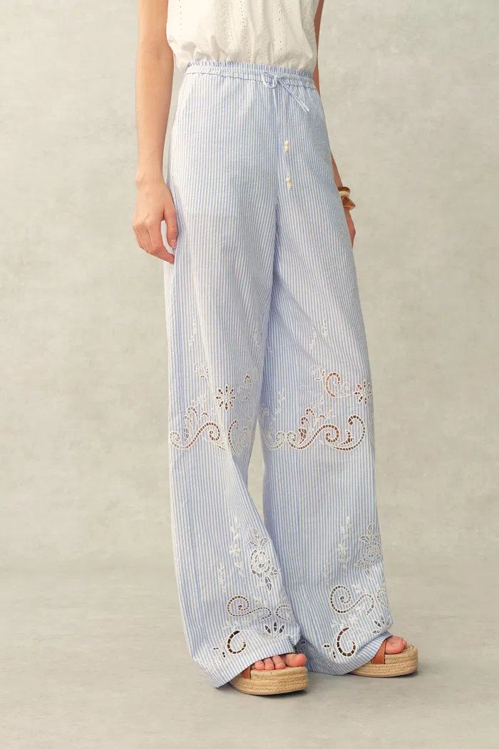 Lone Striped Embroidered Sleeveless Lace Trim Cami Top and Pants Set in Crinkled Cotton - Image 6