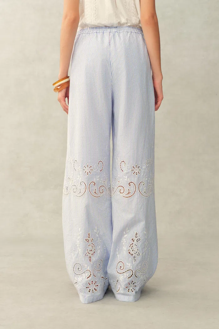 Lone Striped Embroidered Sleeveless Lace Trim Cami Top and Pants Set in Crinkled Cotton - Image 7