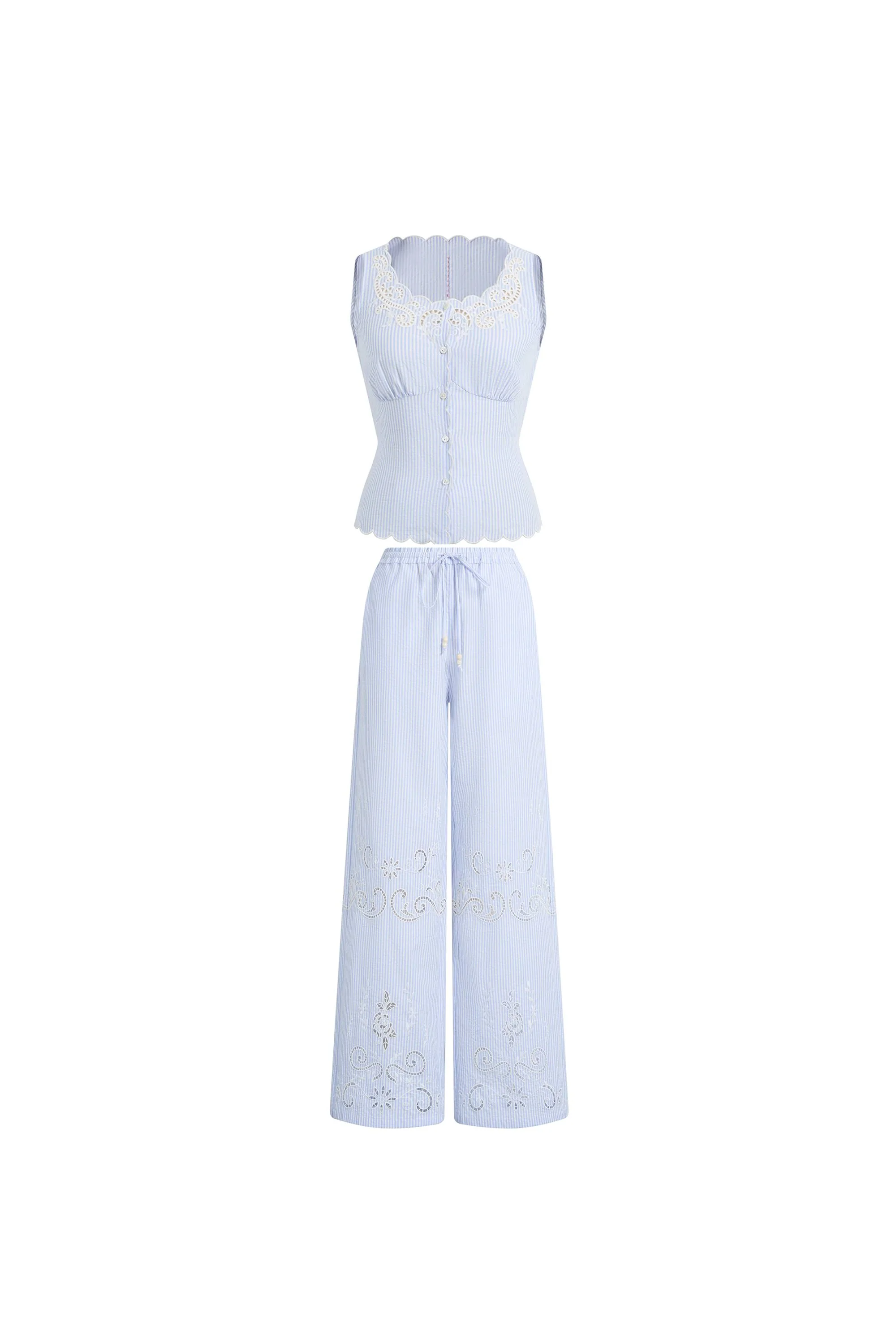 Lone Striped Embroidered Sleeveless Lace Trim Cami Top and Pants Set in Crinkled Cotton - Image 8