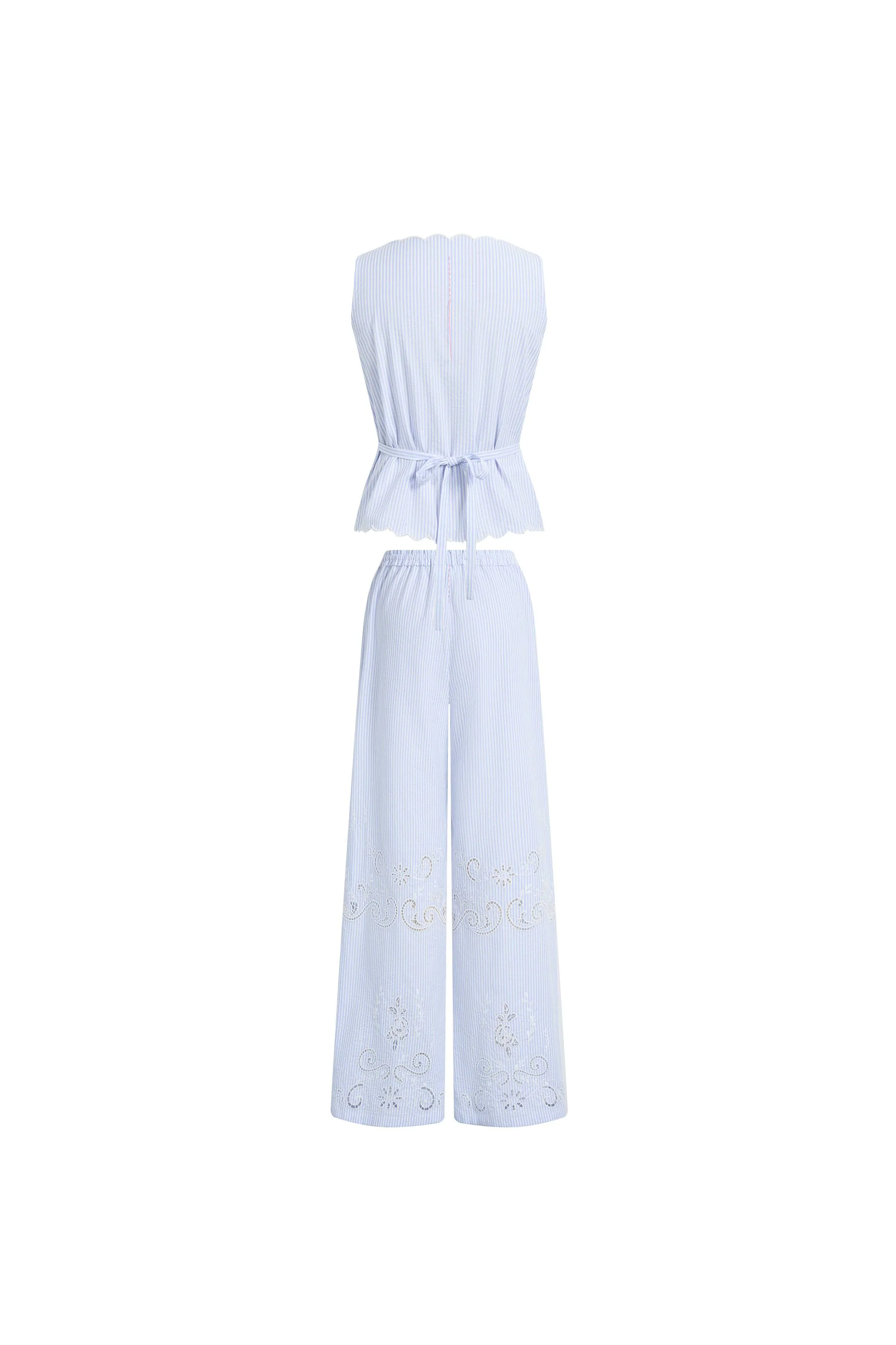 Lone Striped Embroidered Sleeveless Lace Trim Cami Top and Pants Set in Crinkled Cotton - Image 9