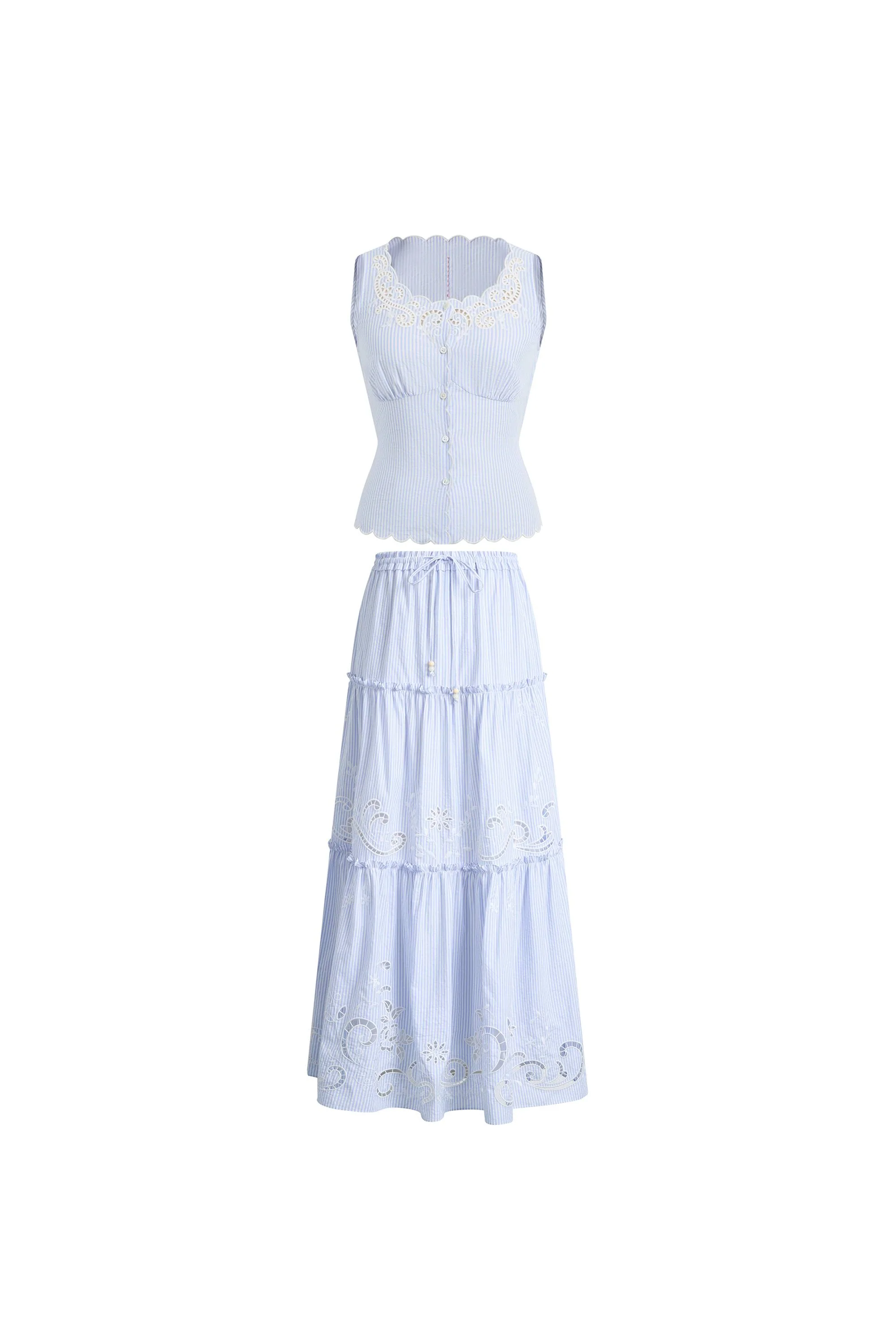 Lone Striped Embroidered Sleeveless Lace Trim Cami Top and Skirt Set in Crinkled Cotton - Image 7
