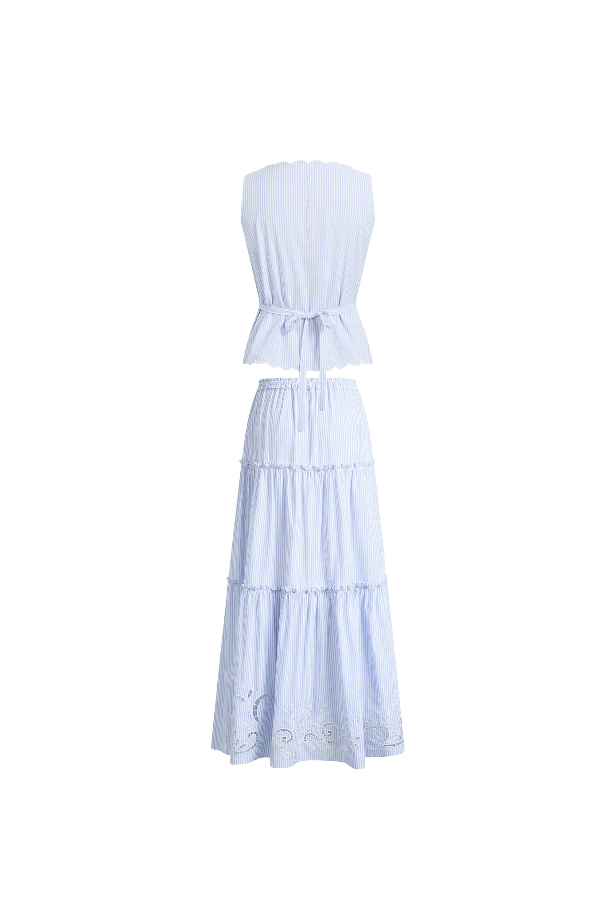 Lone Striped Embroidered Sleeveless Lace Trim Cami Top and Skirt Set in Crinkled Cotton - Image 8