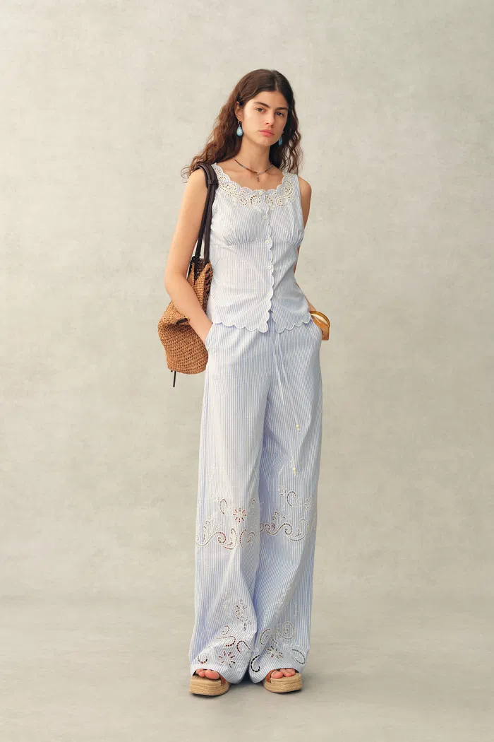 Lone Striped Embroidered Sleeveless Lace Trim Cami Top in Crinkled Cotton - Image 3