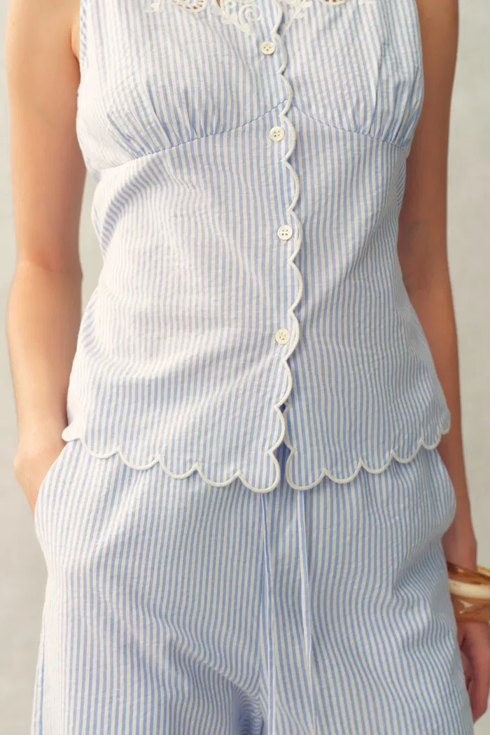 Lone Striped Embroidered Sleeveless Lace Trim Cami Top in Crinkled Cotton - Image 5