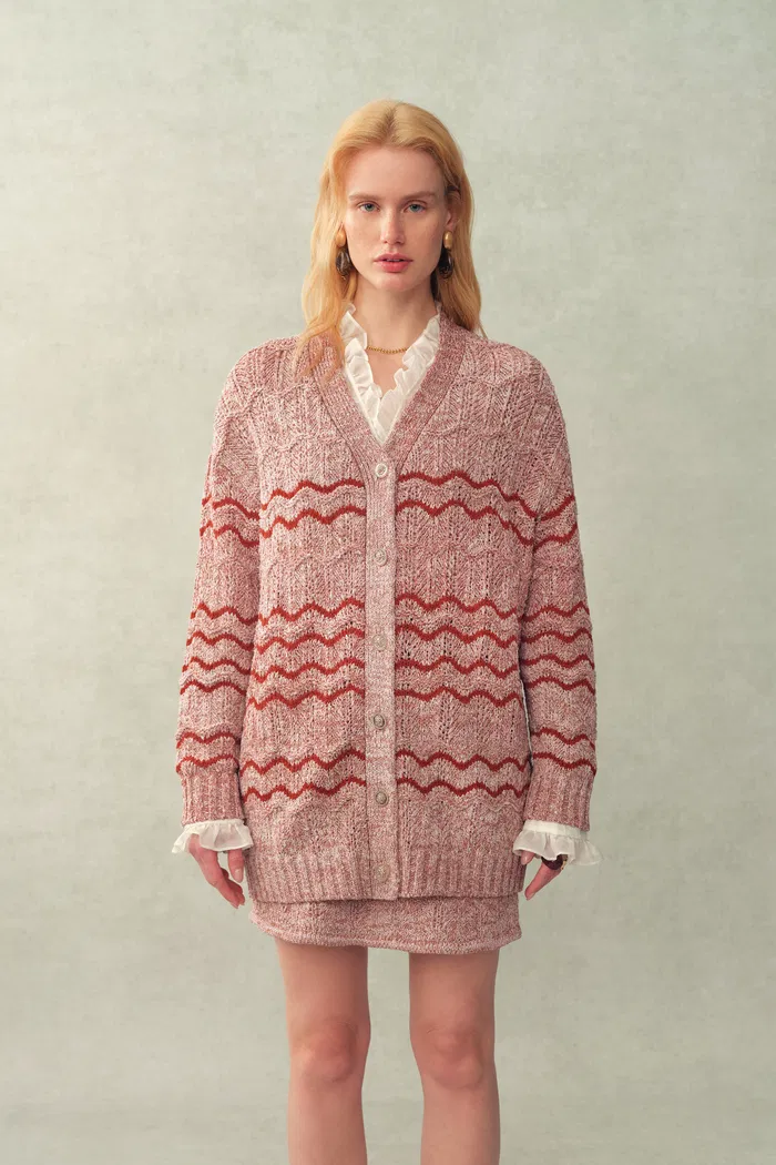 Lorena Striped Oversized Cardigan and Skirt Matching Set in Cotton Blend Fancy Yarn Knit - Image 2