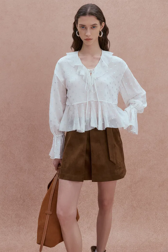 Louise Metallic Dots Ruffled Blouse in Mulberry Silk - Image 2