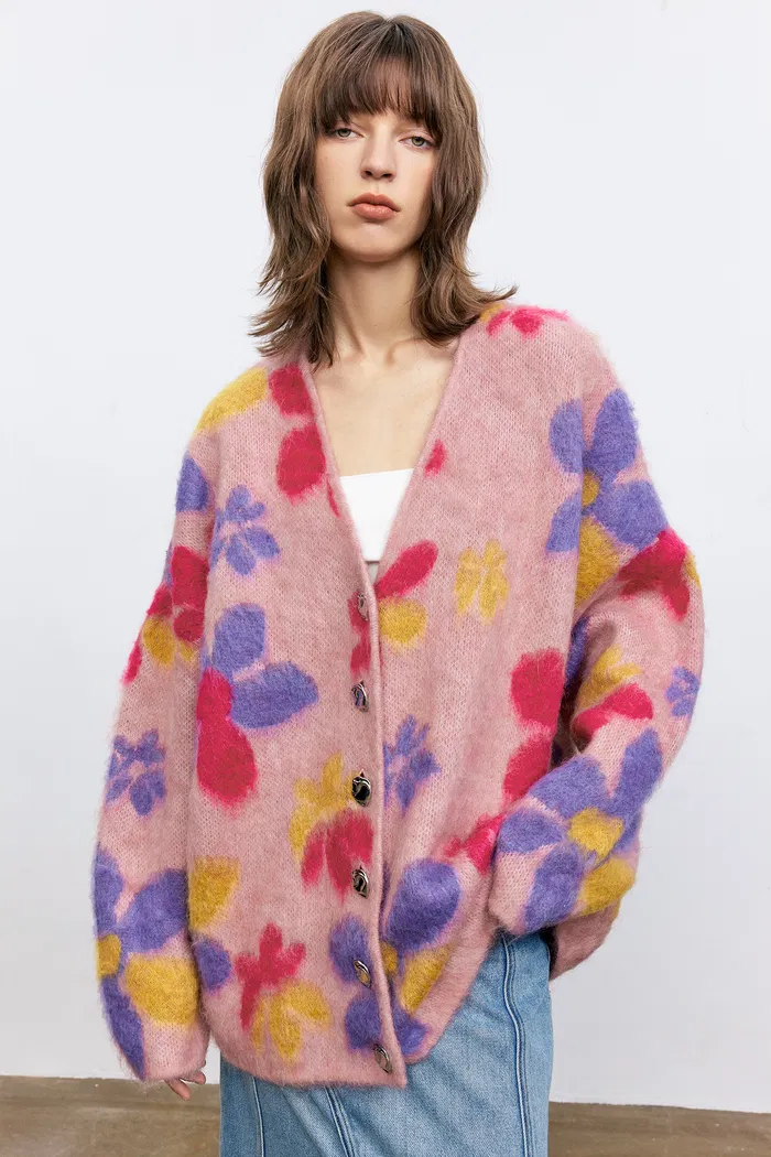 Louloudia Floral Jacquard Knit Cardigan in Merino Mohair Blend - Image 2