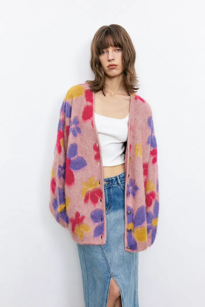 Louloudia Floral Jacquard Knit Cardigan in Merino Mohair Blend - Image 5