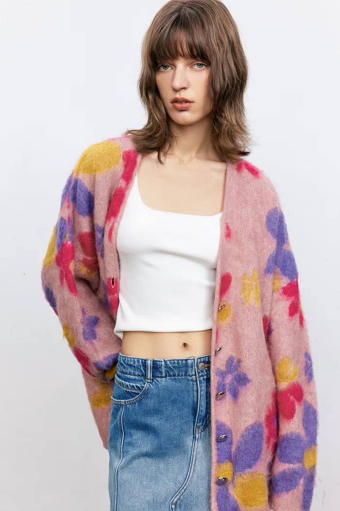 Louloudia Floral Jacquard Knit Cardigan in Merino Mohair Blend - Image 6