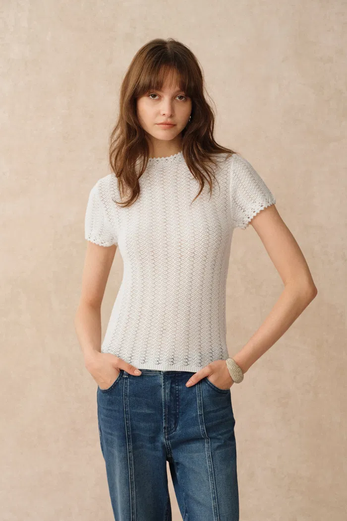 Lowell Open Knit Crew Neck Top in Australian Merino Wool - Image 2