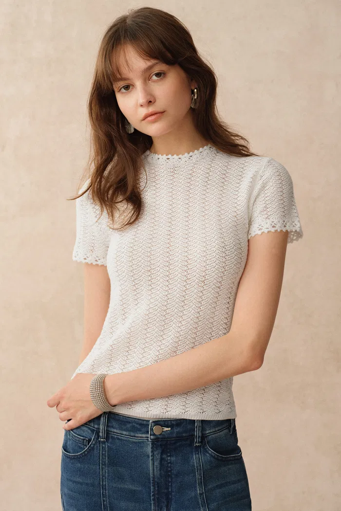 Lowell Open Knit Crew Neck Top in Australian Merino Wool - Image 3