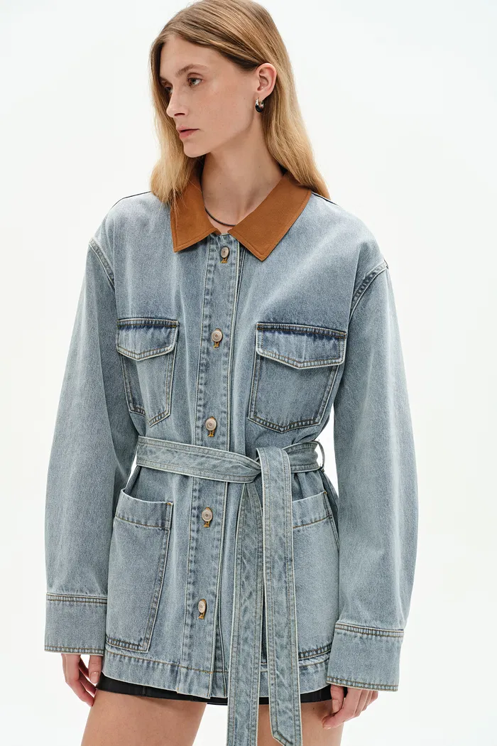 Luca Contrast Collar Lightweight Jacket in Cotton Denim - Image 2