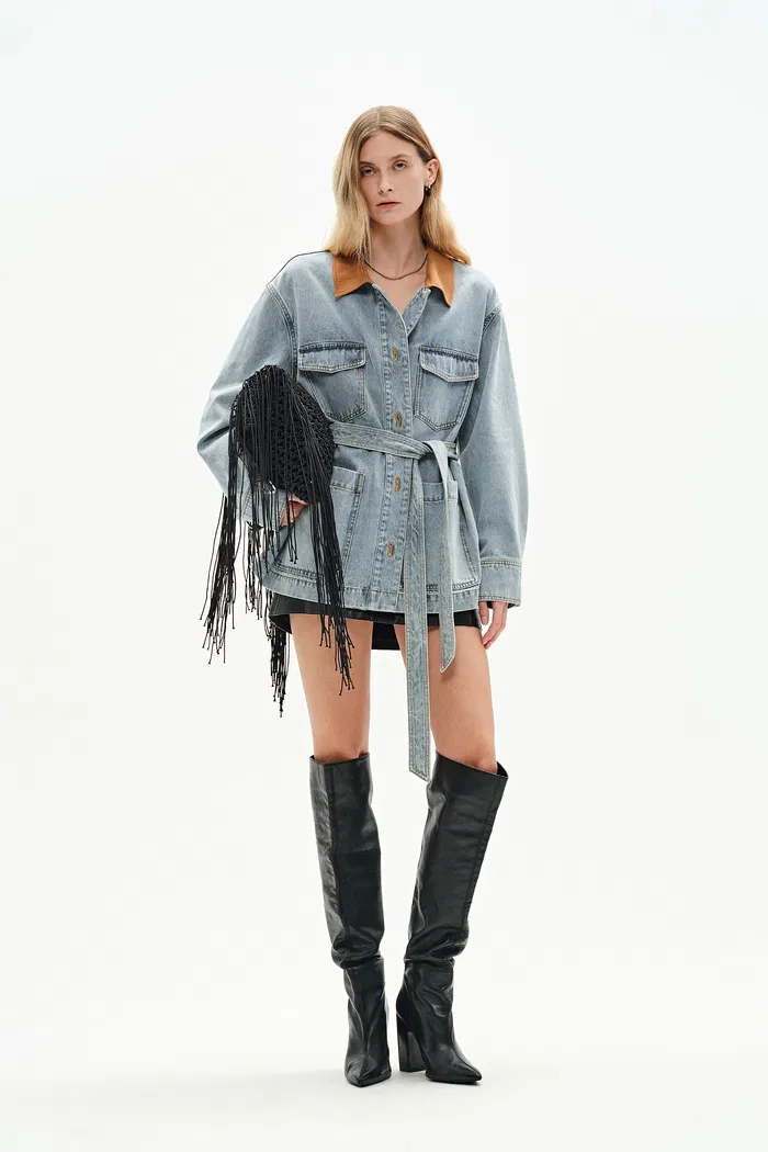 Luca Contrast Collar Lightweight Jacket in Cotton Denim - Image 3