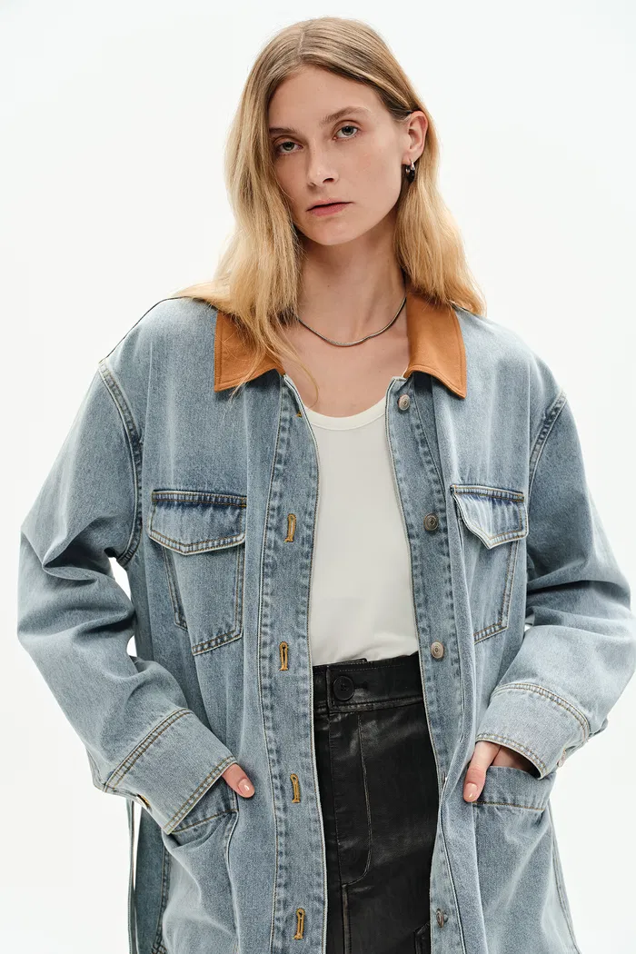 Luca Contrast Collar Lightweight Jacket in Cotton Denim - Image 4