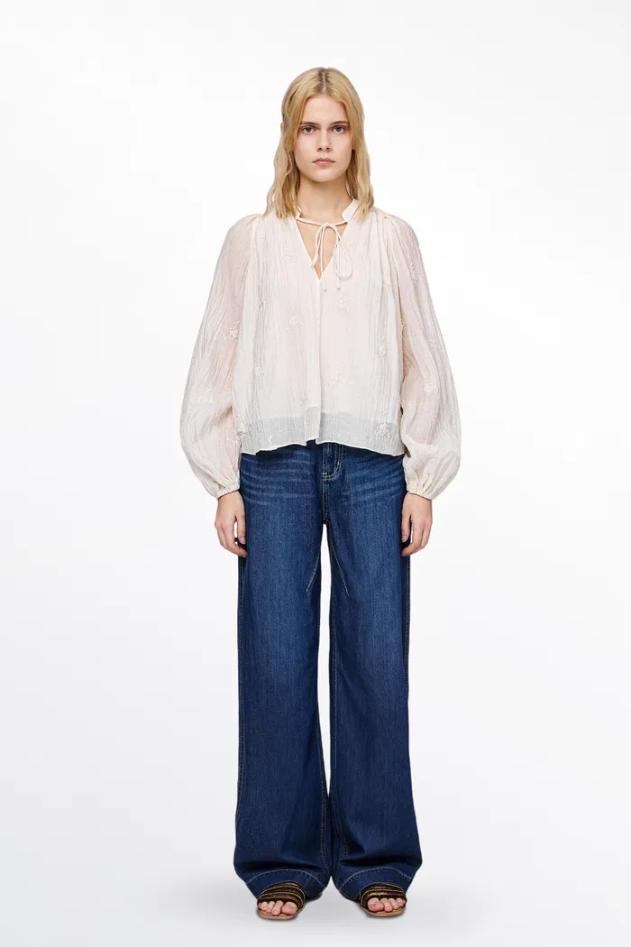 Lucienne Pleated Embroidery Blouse in Tencel Blend - Image 3