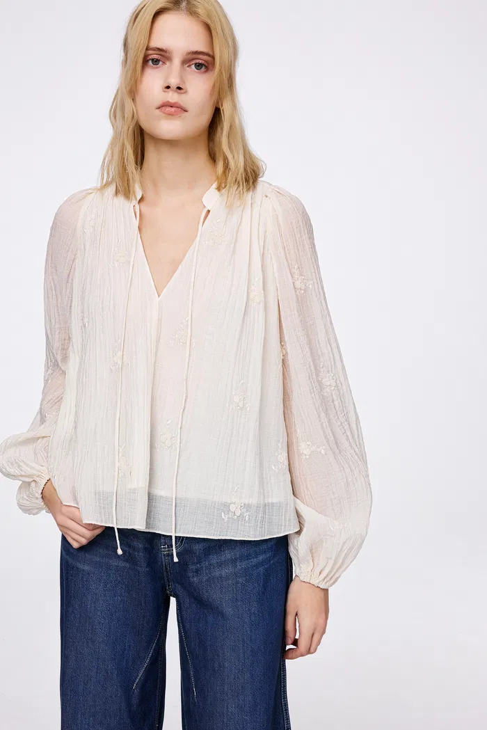 Lucienne Pleated Embroidery Blouse in Tencel Blend - Image 4