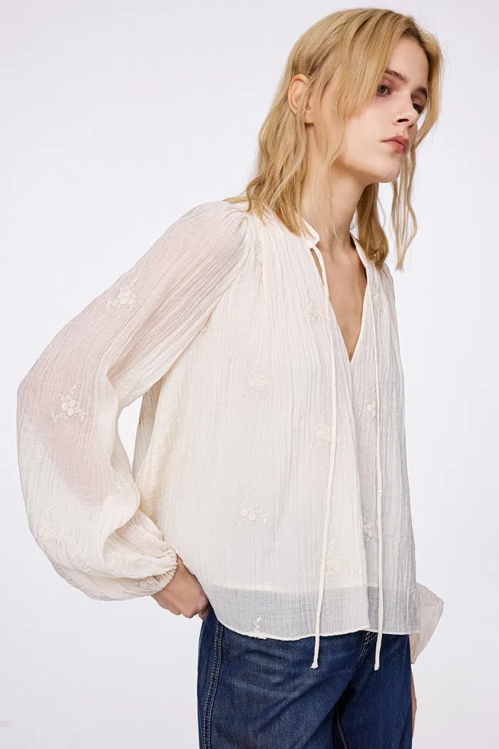 Lucienne Pleated Embroidery Blouse in Tencel Blend - Image 5
