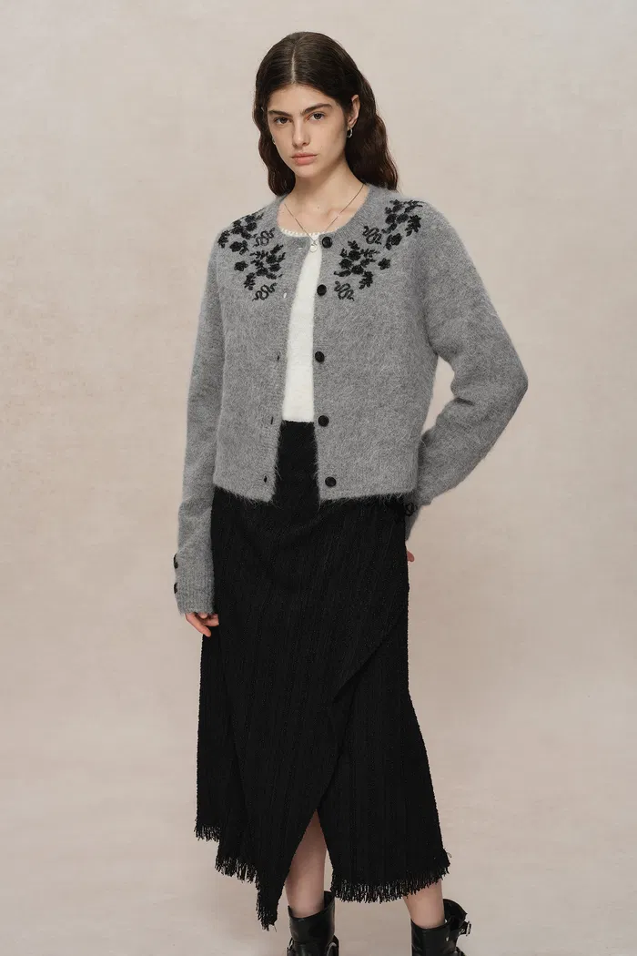 Lucy Grey French Beaded Snake Zodiac Cardigan in Baby Alpaca Knit - Image 5