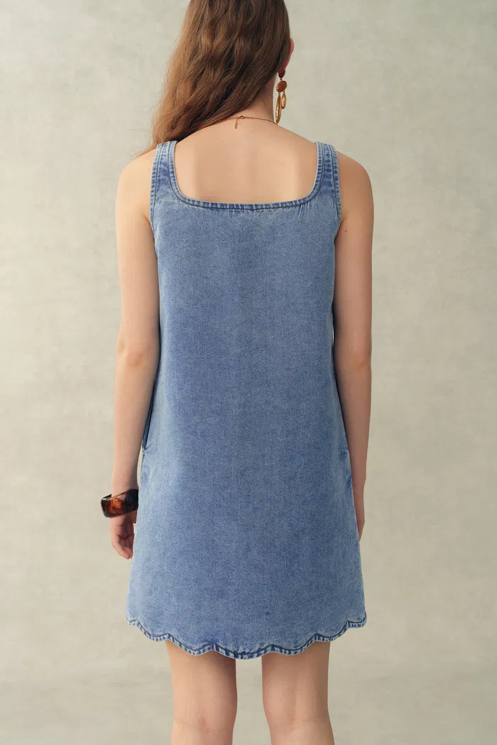 Lulia Floral Embroidery Square Neck Sleeveless Dress in Lightweight Denim - Image 2