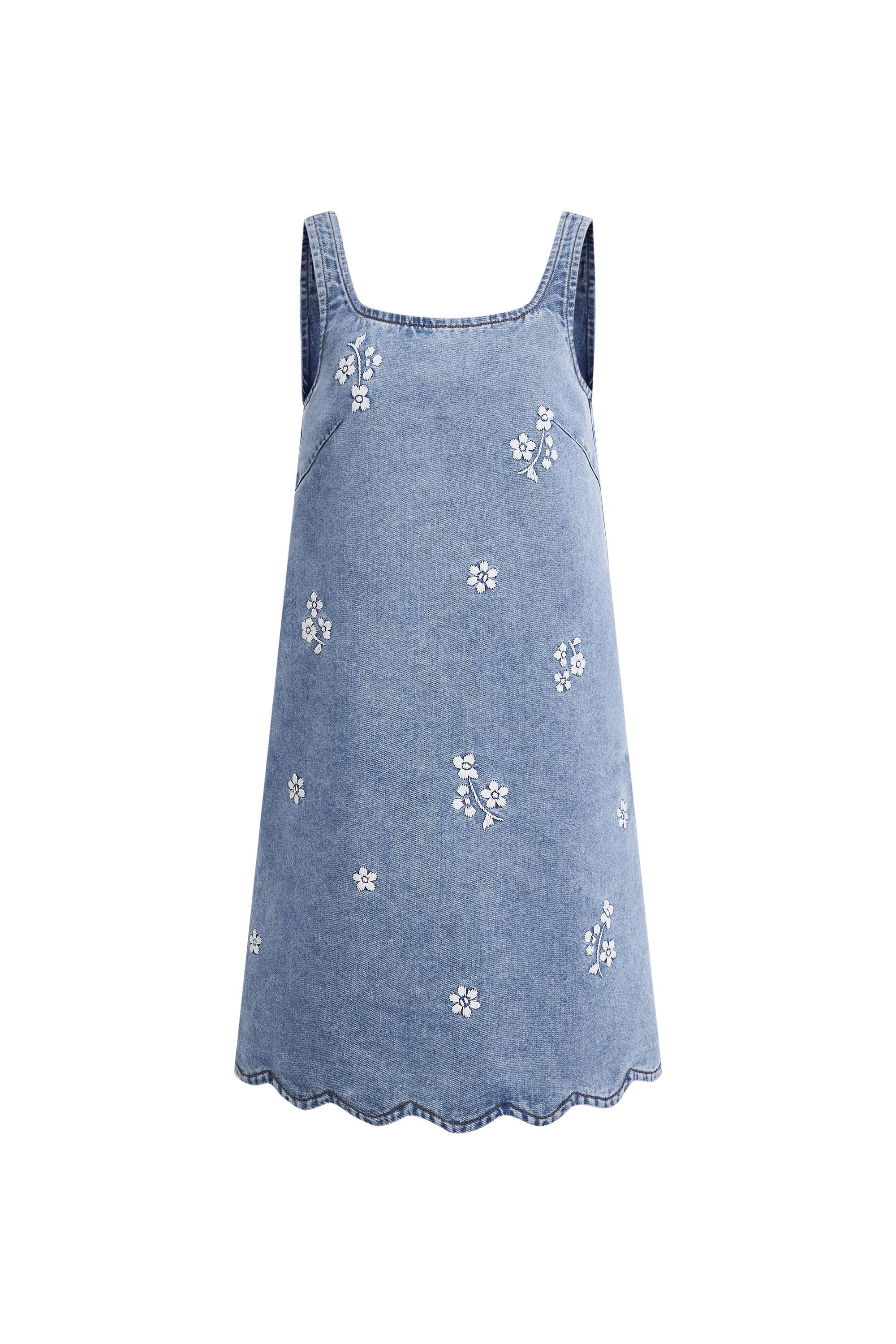 Lulia Floral Embroidery Square Neck Sleeveless Dress in Lightweight Denim - Image 6