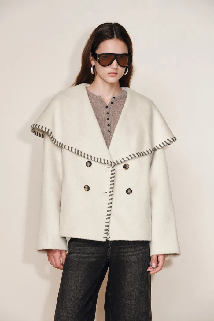 Lumi Handworked Faux Leather Hem Cape Coat in Silk Wool Double Face - Image 2