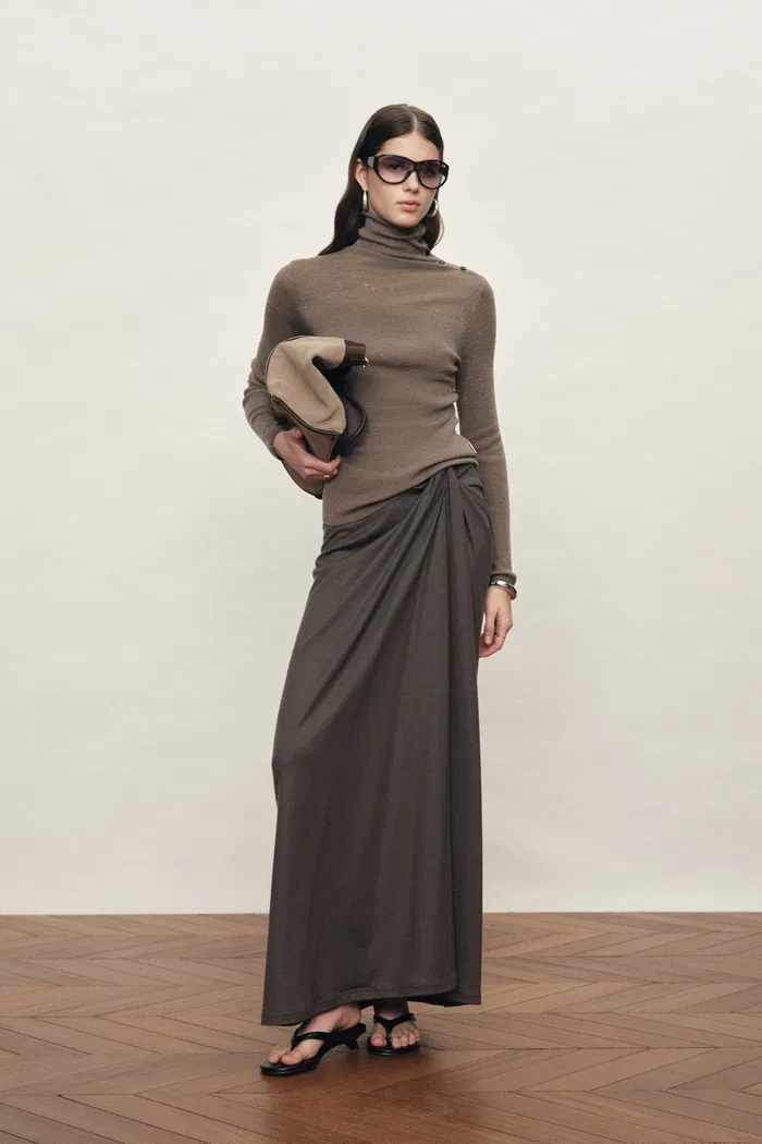 Lumina Slouchy Turtleneck Semi Sheer Bodice Fitted Top in Combed Wool - Image 3