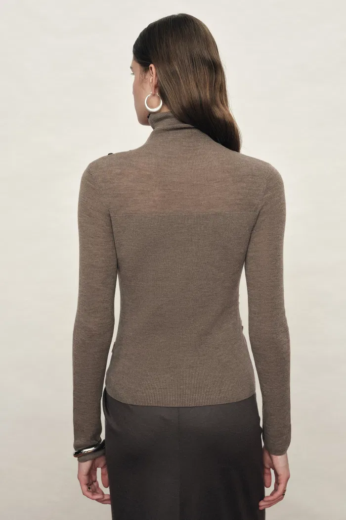 Lumina Slouchy Turtleneck Semi Sheer Bodice Fitted Top in Combed Wool - Image 4