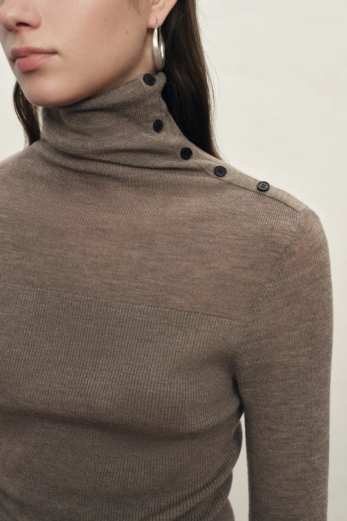 Lumina Slouchy Turtleneck Semi Sheer Bodice Fitted Top in Combed Wool - Image 5