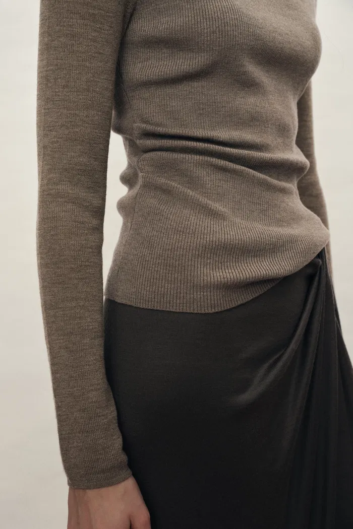 Lumina Slouchy Turtleneck Semi Sheer Bodice Fitted Top in Combed Wool - Image 6