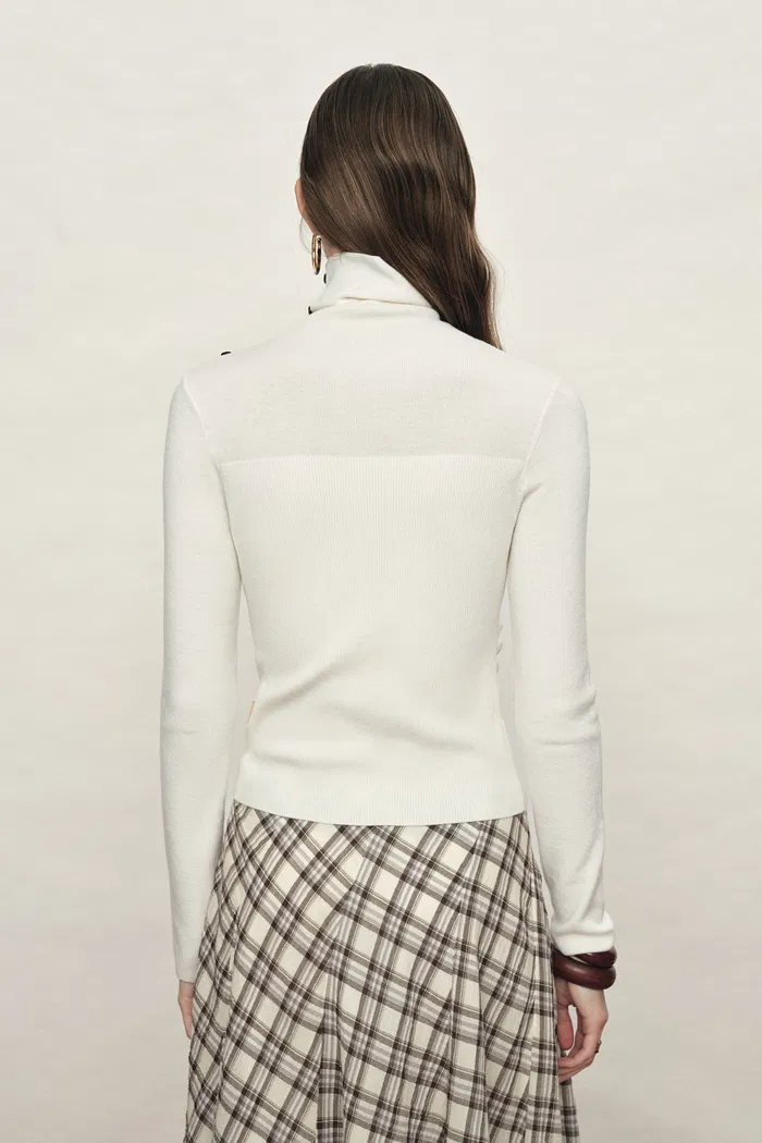 Lumina Slouchy Turtleneck Semi Sheer Bodice Fitted Top in Combed Wool - Image 4