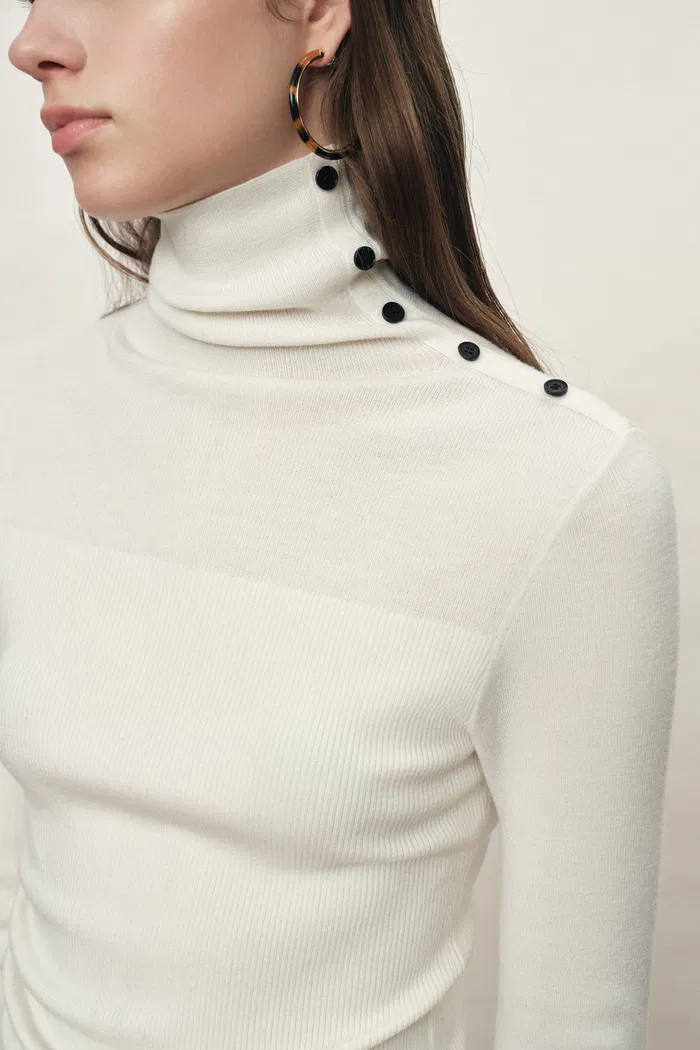 Lumina Slouchy Turtleneck Semi Sheer Bodice Fitted Top in Combed Wool - Image 5