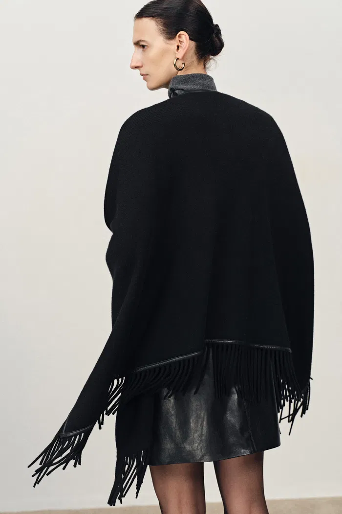 Luna Contrast Leather Fringe Poncho in Merino Cashmere Knit - Image 2