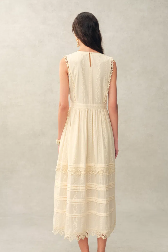 Luna Eyelet Lace Embroidered Sleeveless Dress in Cotton Jacquard - Image 2