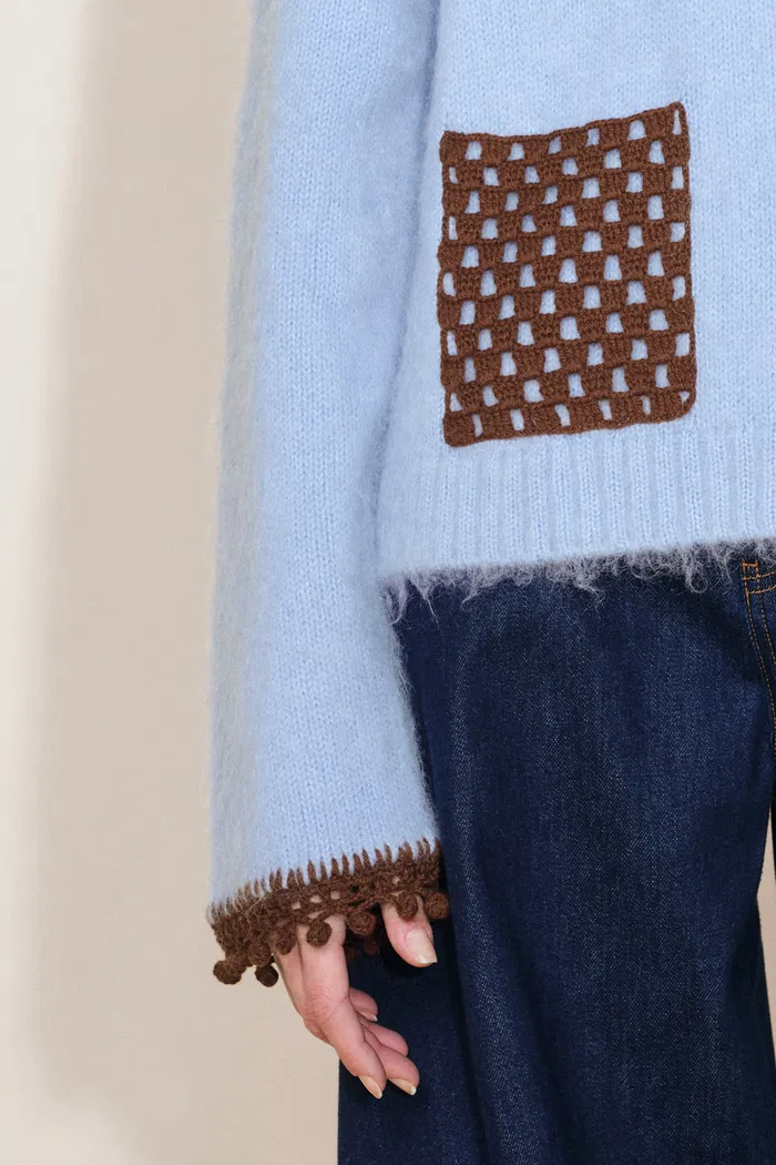 Lvy Hand Crochet Pom Pom Cardigan in Mohair Blend Knit - Image 6