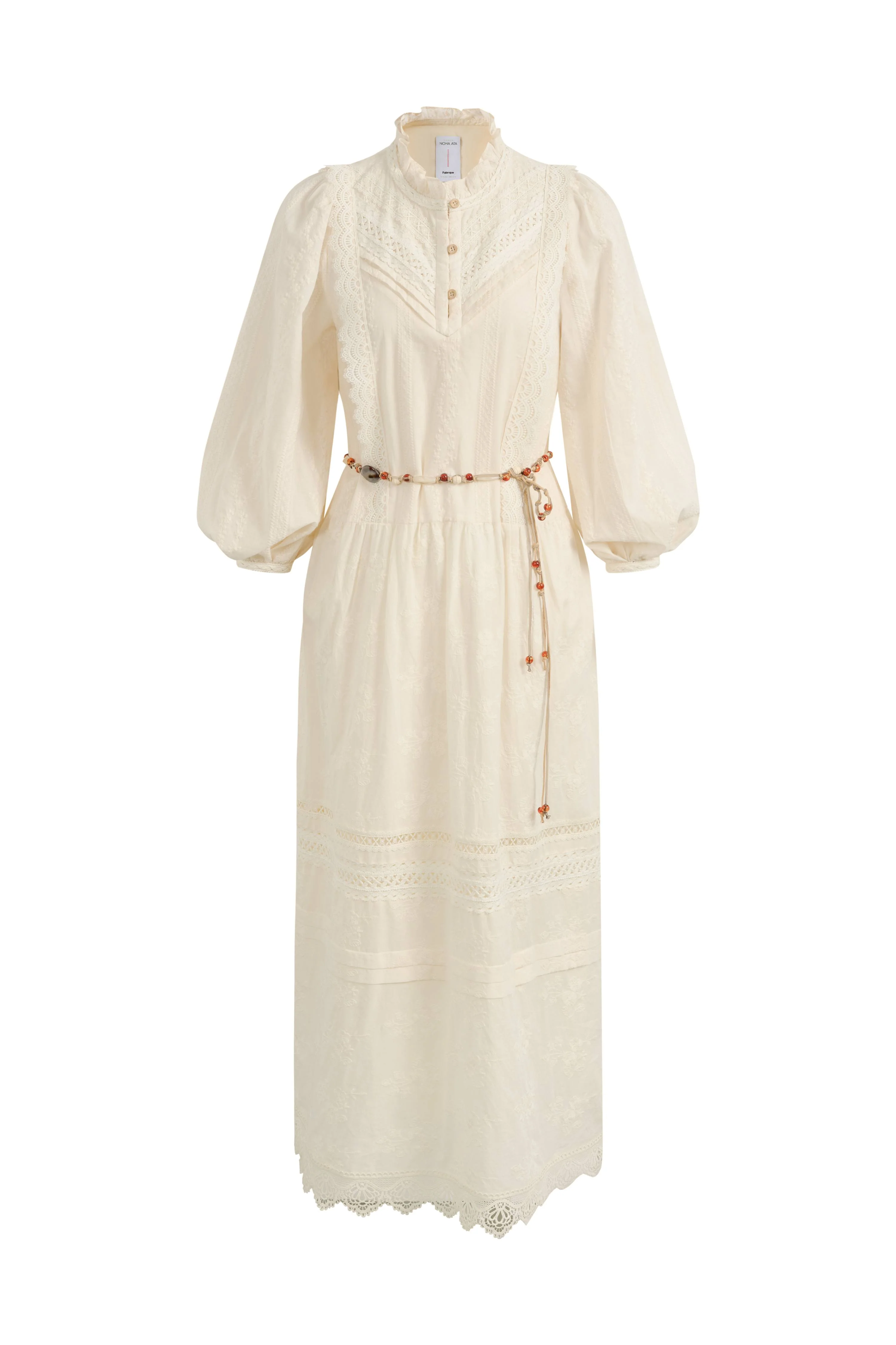 Lyra Embroidery Beaded Waist Puff Sleeve Dress in Cotton Jacquard with Lace - Image 7