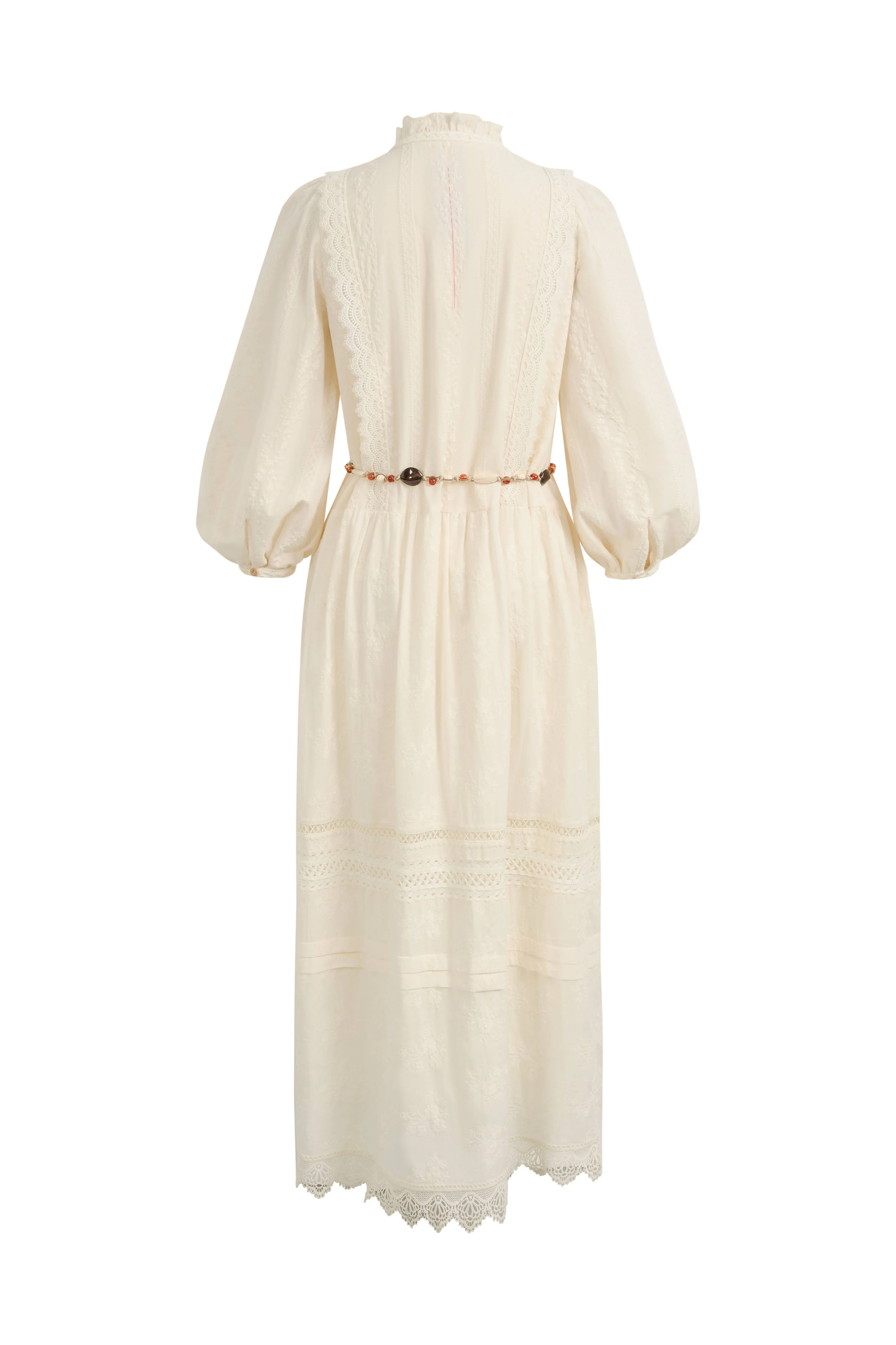 Lyra Embroidery Beaded Waist Puff Sleeve Dress in Cotton Jacquard with Lace - Image 8