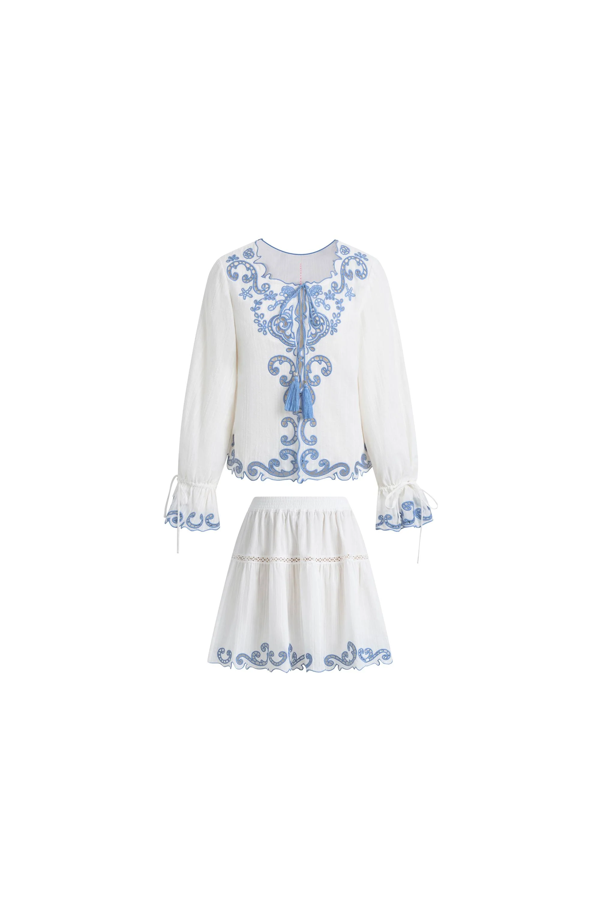 Maggie Embroidery Resort Wear Tie Front Sheer Shirt and Skirt Set in Cotton Jacquard - Image 9