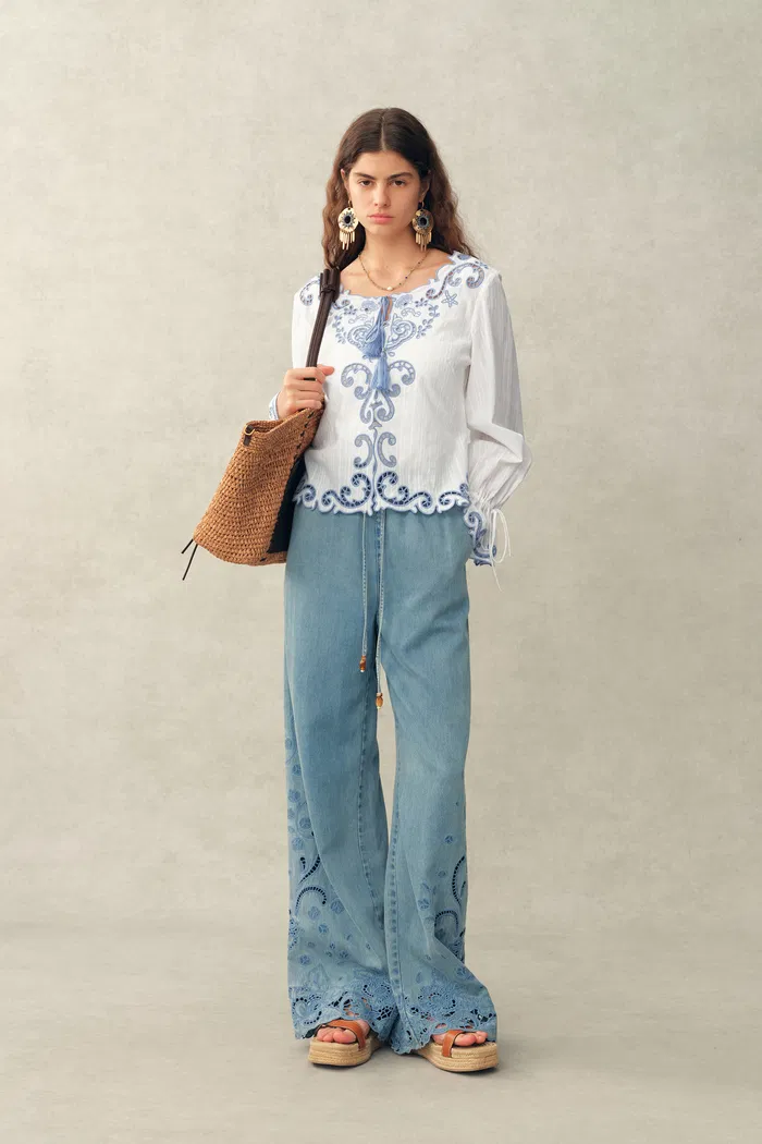 Maggie Embroidery Resort Wear Tie Front Sheer Shirt in Cotton Jacquard - Image 2