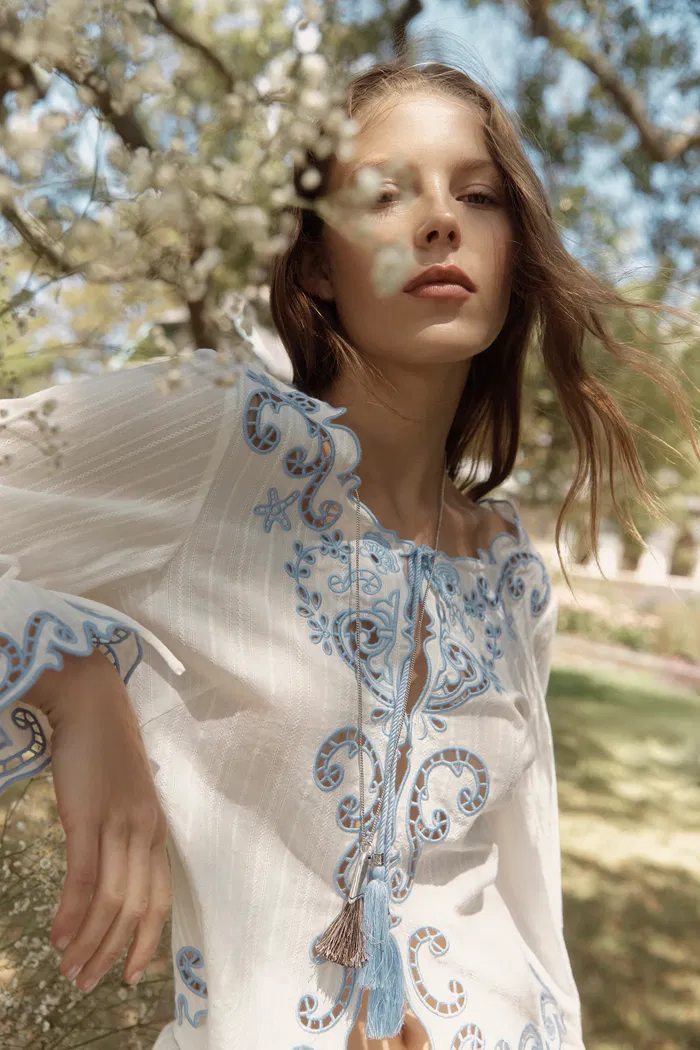 Maggie Embroidery Resort Wear Tie Front Sheer Shirt in Cotton Jacquard - Image 3