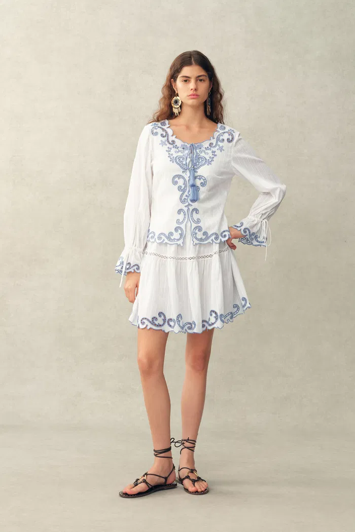 Maggie Embroidery Resort Wear Tie Front Sheer Shirt in Cotton Jacquard - Image 4