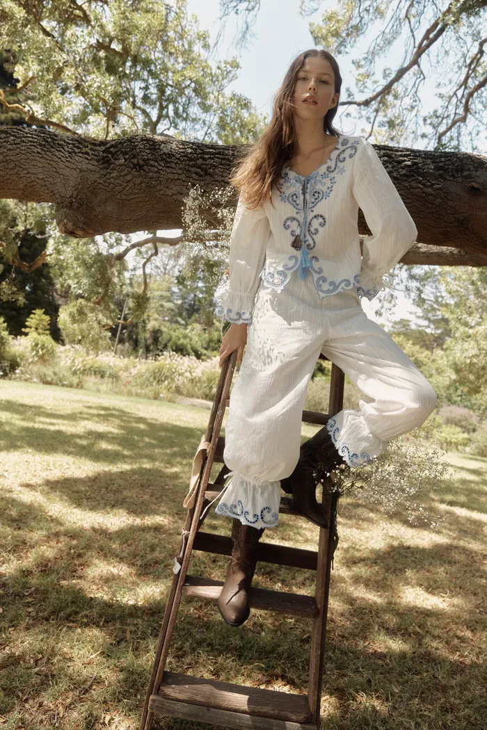 Maggie Embroidery Tie Front Sheer Blouse and Pants in Cotton Jacquard - Image 3
