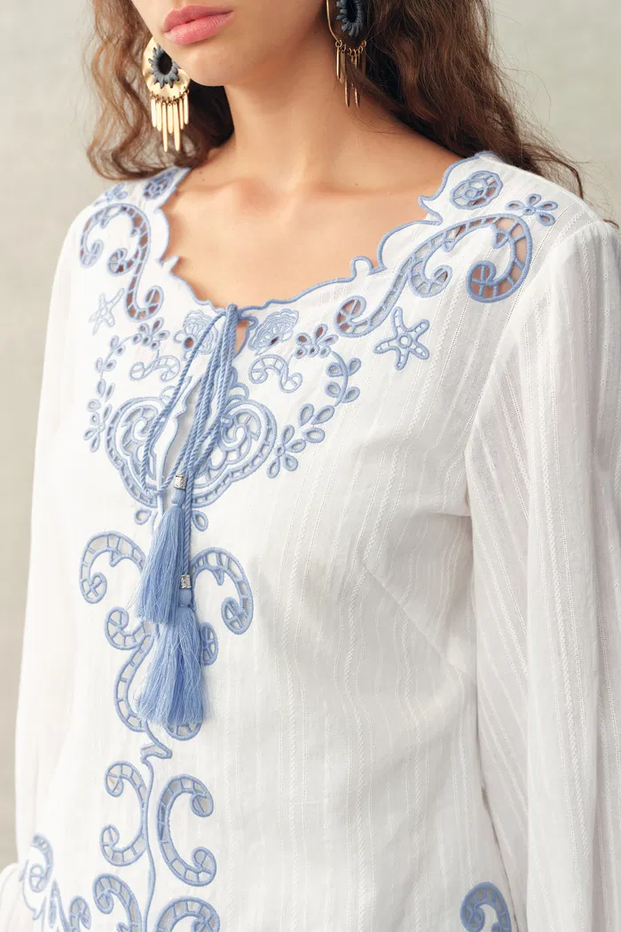 Maggie Embroidery Tie Front Sheer Blouse and Pants in Cotton Jacquard - Image 4