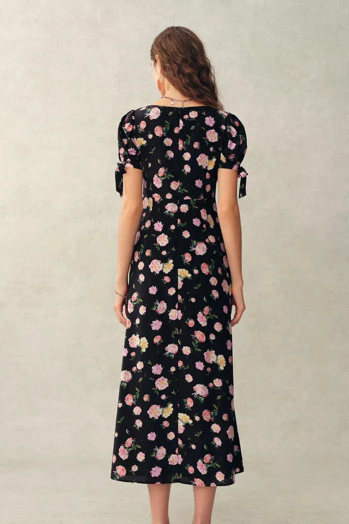 Manon Floral Adjustable Tie-Sleeve Dress in Stretch Silk Crepe de Chine - Image 2