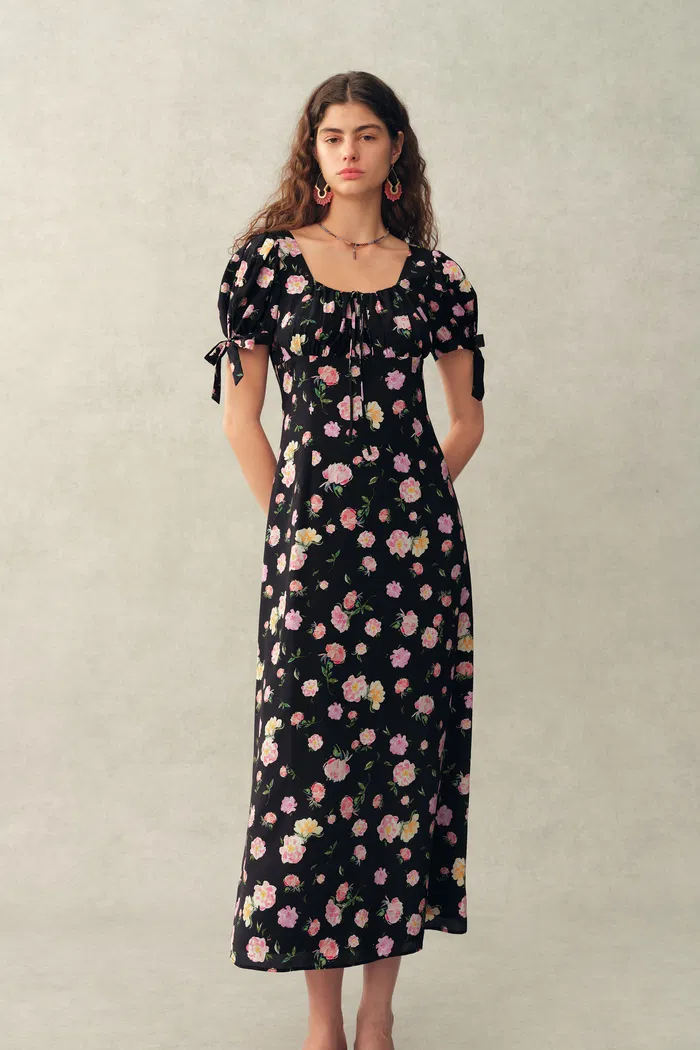 Manon Floral Adjustable Tie-Sleeve Dress in Stretch Silk Crepe de Chine - Image 3
