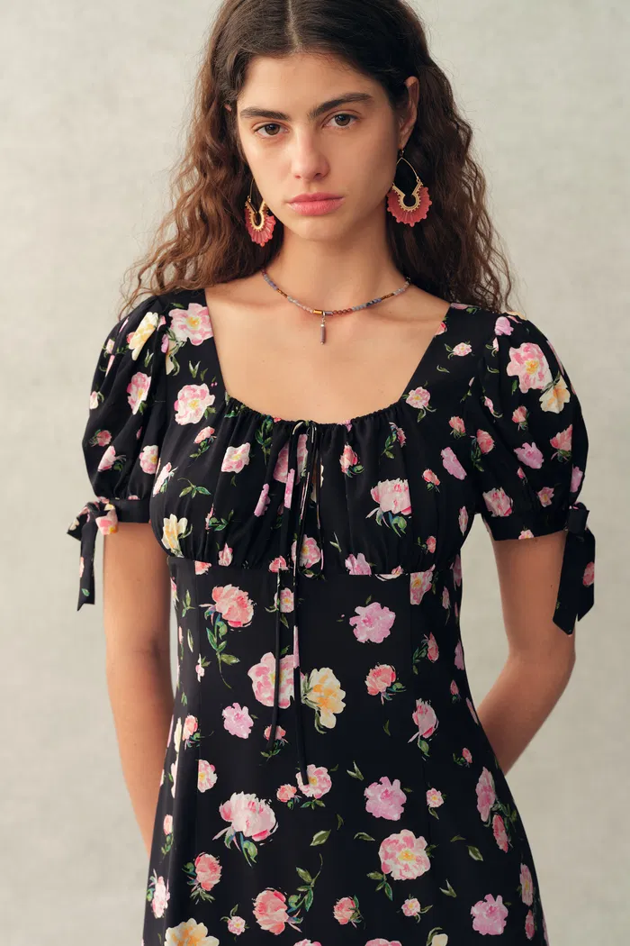 Manon Floral Adjustable Tie-Sleeve Dress in Stretch Silk Crepe de Chine - Image 4