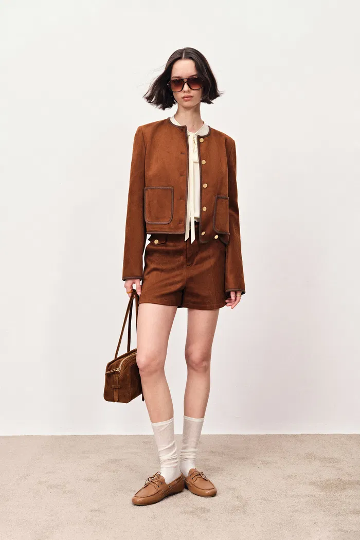 Marian Color Block Trim Shorts in Faux Suede - Image 2